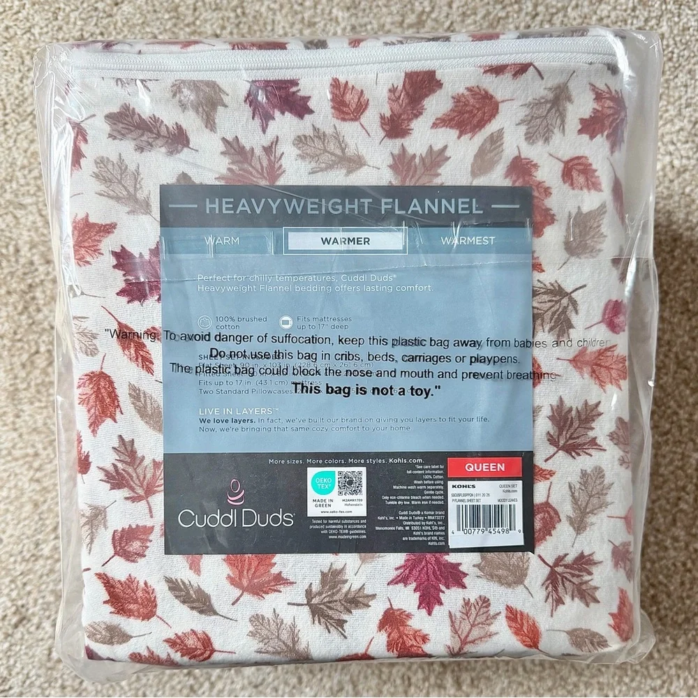 New Cuddl Duds QUEEN‎ Heavyweight Flannel 4 Piece Sheet Set Moody Leaves Fall